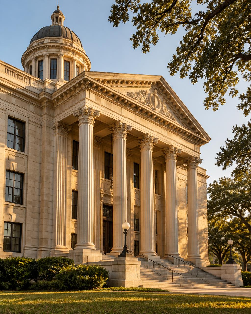 Historic limestone courthouse with columns in late afternoon light