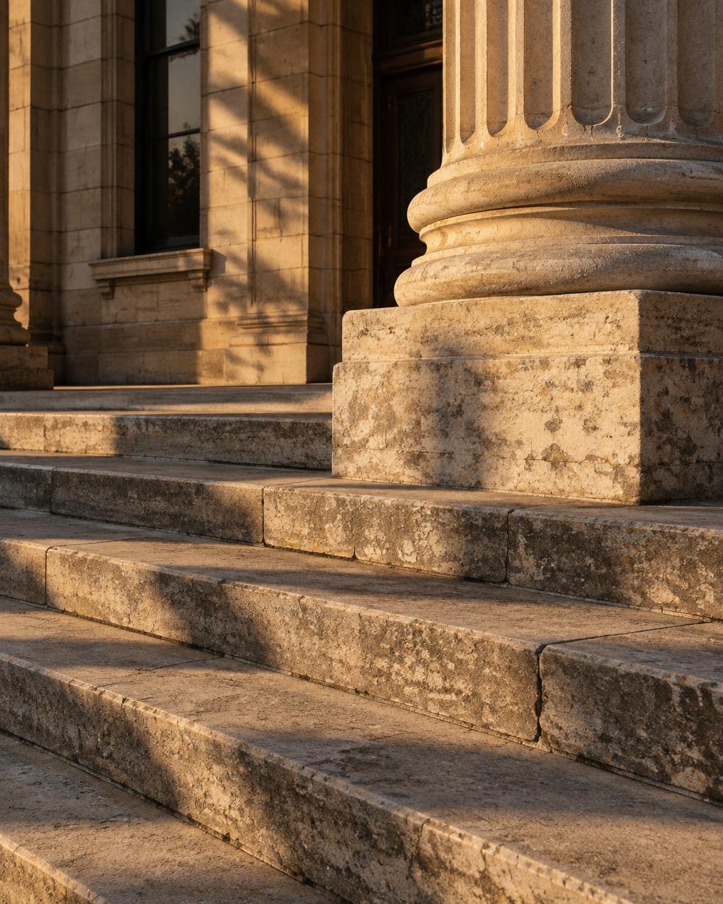 Limestone steps and column base of a historic courthouse in warm afternoon light