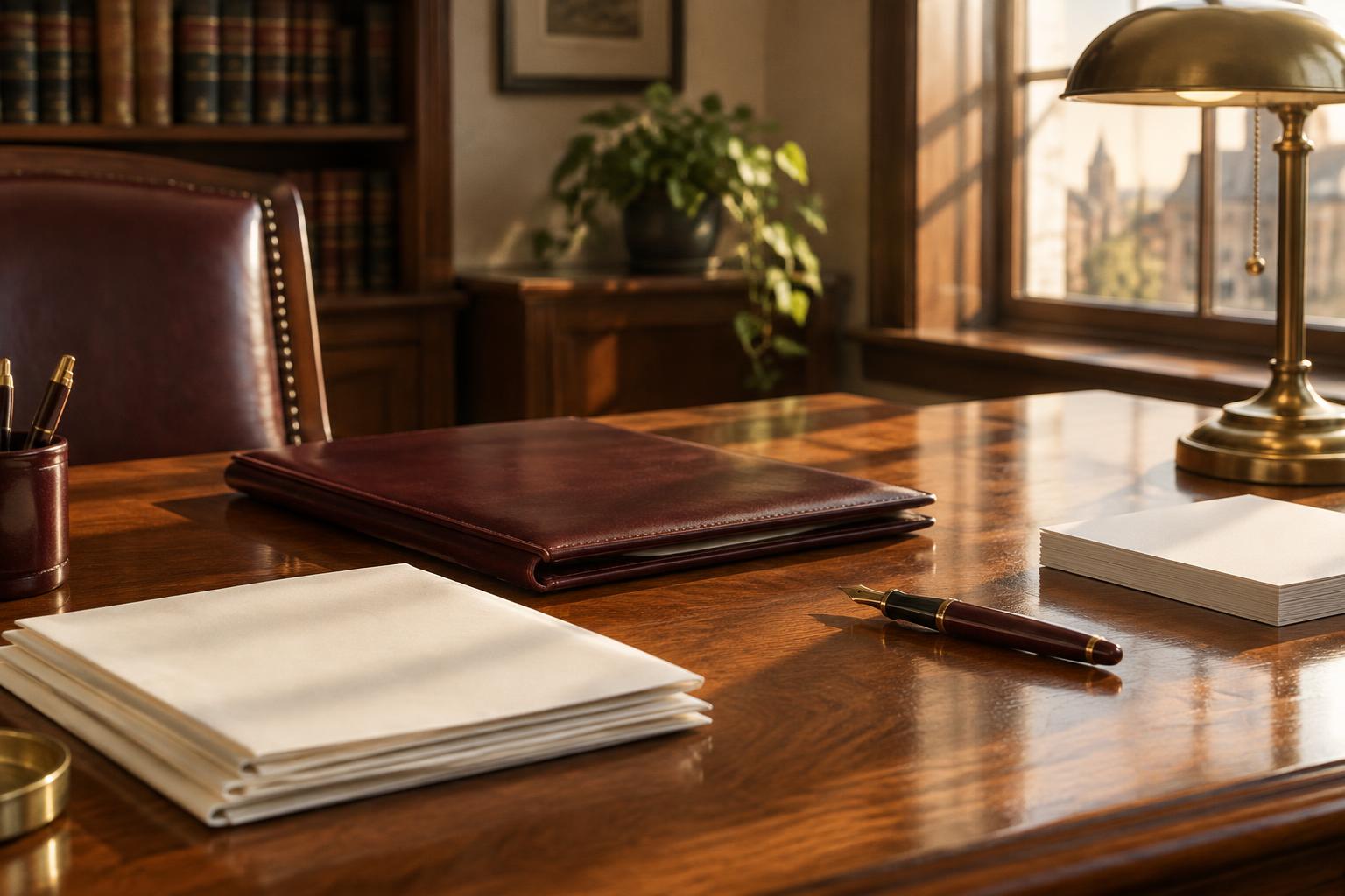 Attorney's desk with folded documents, a leather folder and a brass lamp in warm window light