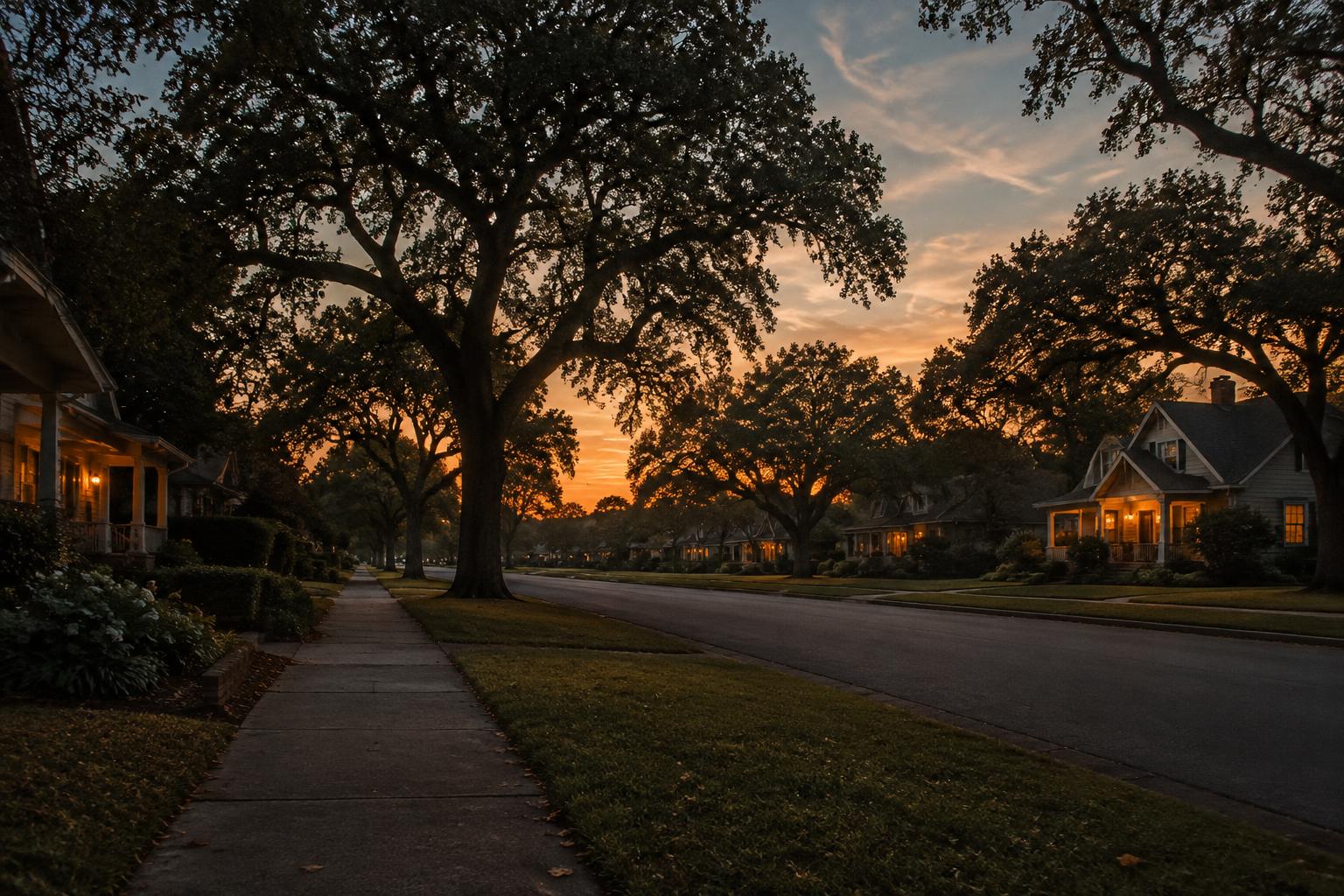 Residential neighborhood street at dusk with warm porch lights glowing