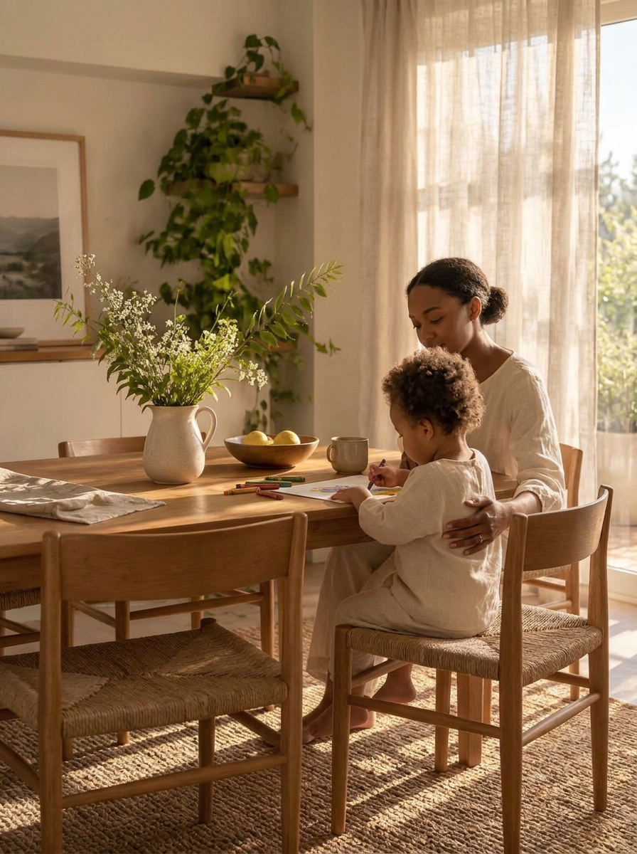 An African American mother and her young child drawing together at a sunlit dining table