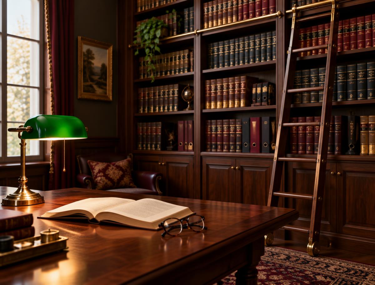 Walnut bookshelf of leather-bound legal volumes beside a reading table lit by a brass lamp