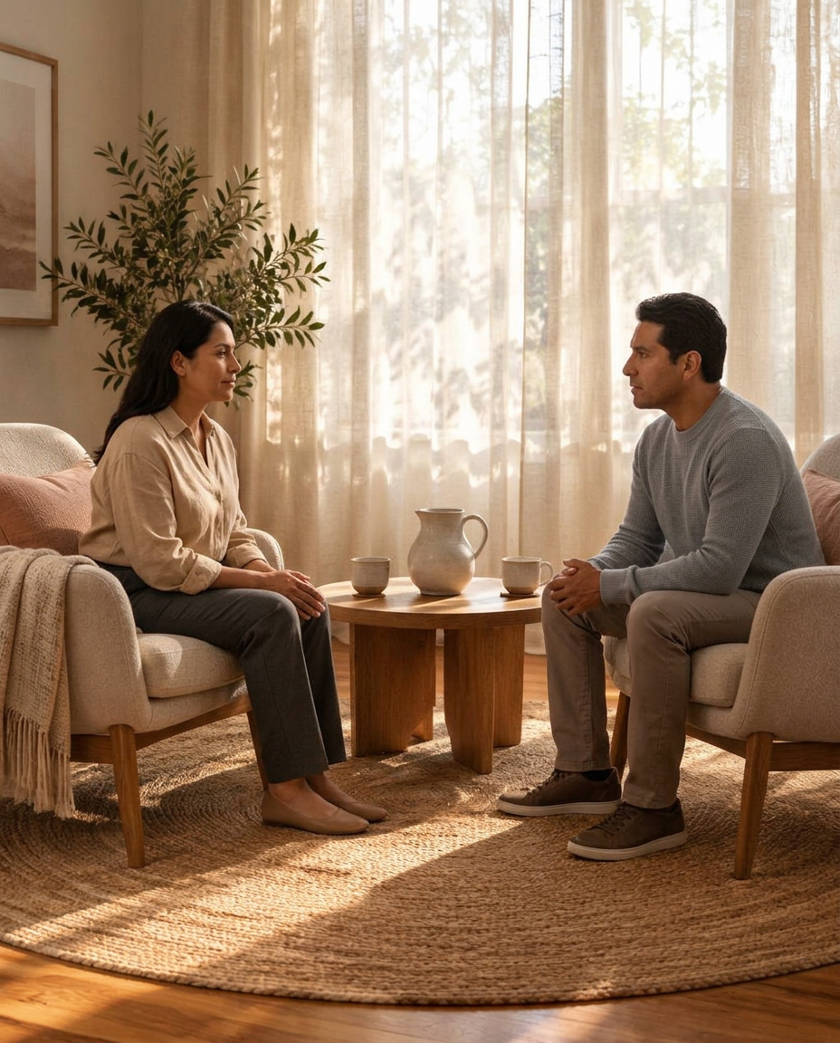 Two people seated in armchairs facing each other across a small table in a sunlit mediation room