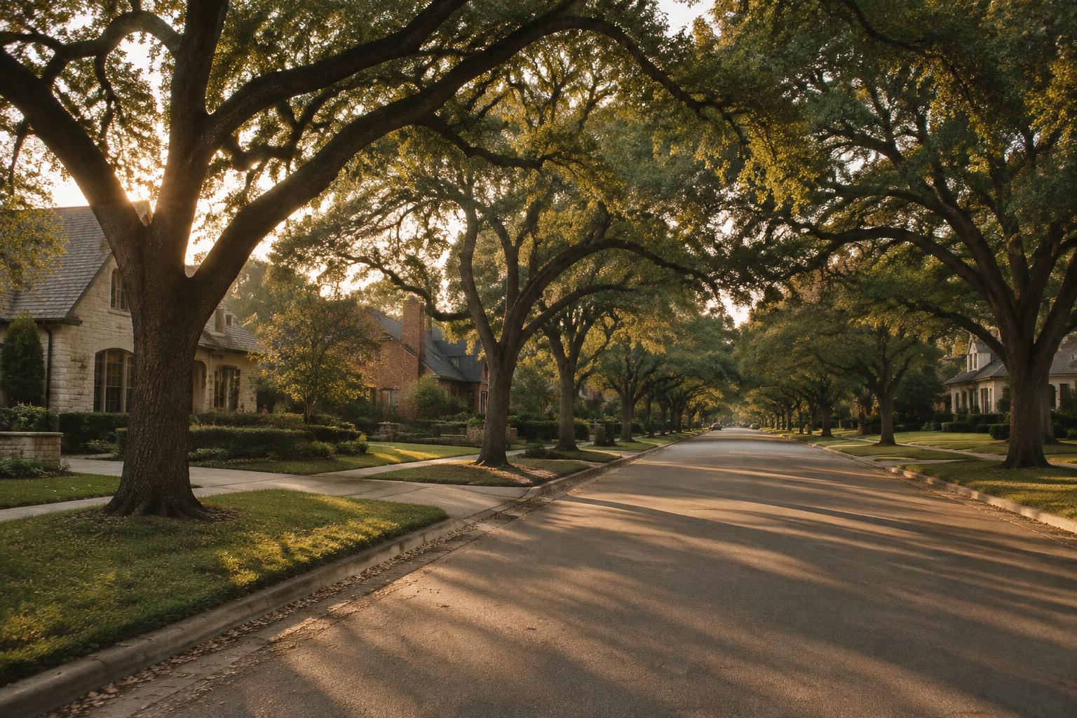 Quiet tree-lined residential street in a Dallas neighborhood at golden hour